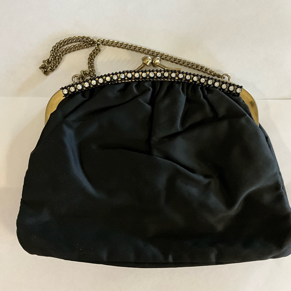 Black Fabric Kiss Lock Closure Handbag With Sparkly Faceted Clear Stone Decor